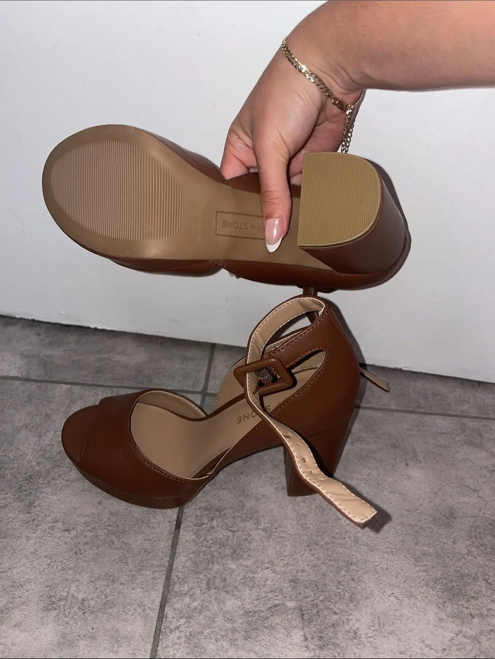 Sun + Stone Tan Platform Ankle-Strap Heels